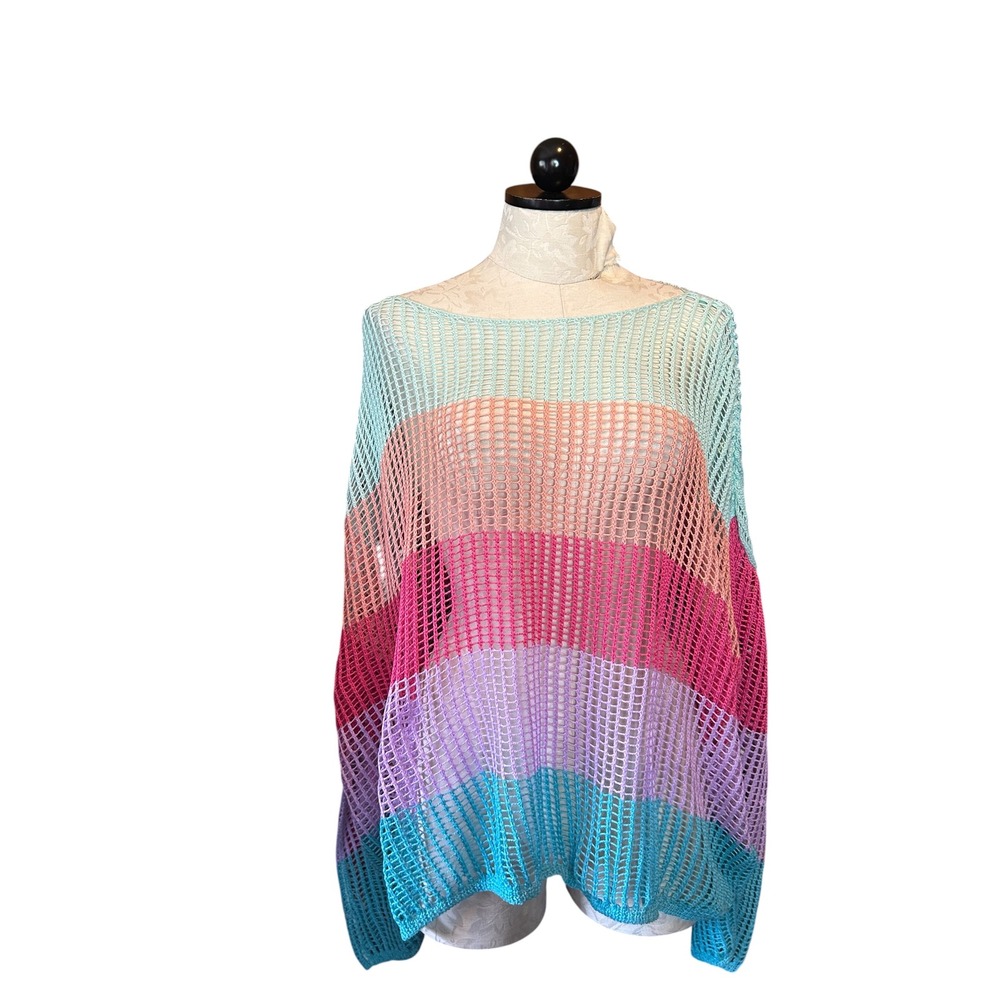 Davi & Dani Striped Open Knit Crochet Sweater Rainbow Boho Cover Up NWT Plus 2X